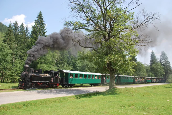 The Mocănița steam train running through the forest in northern Romania